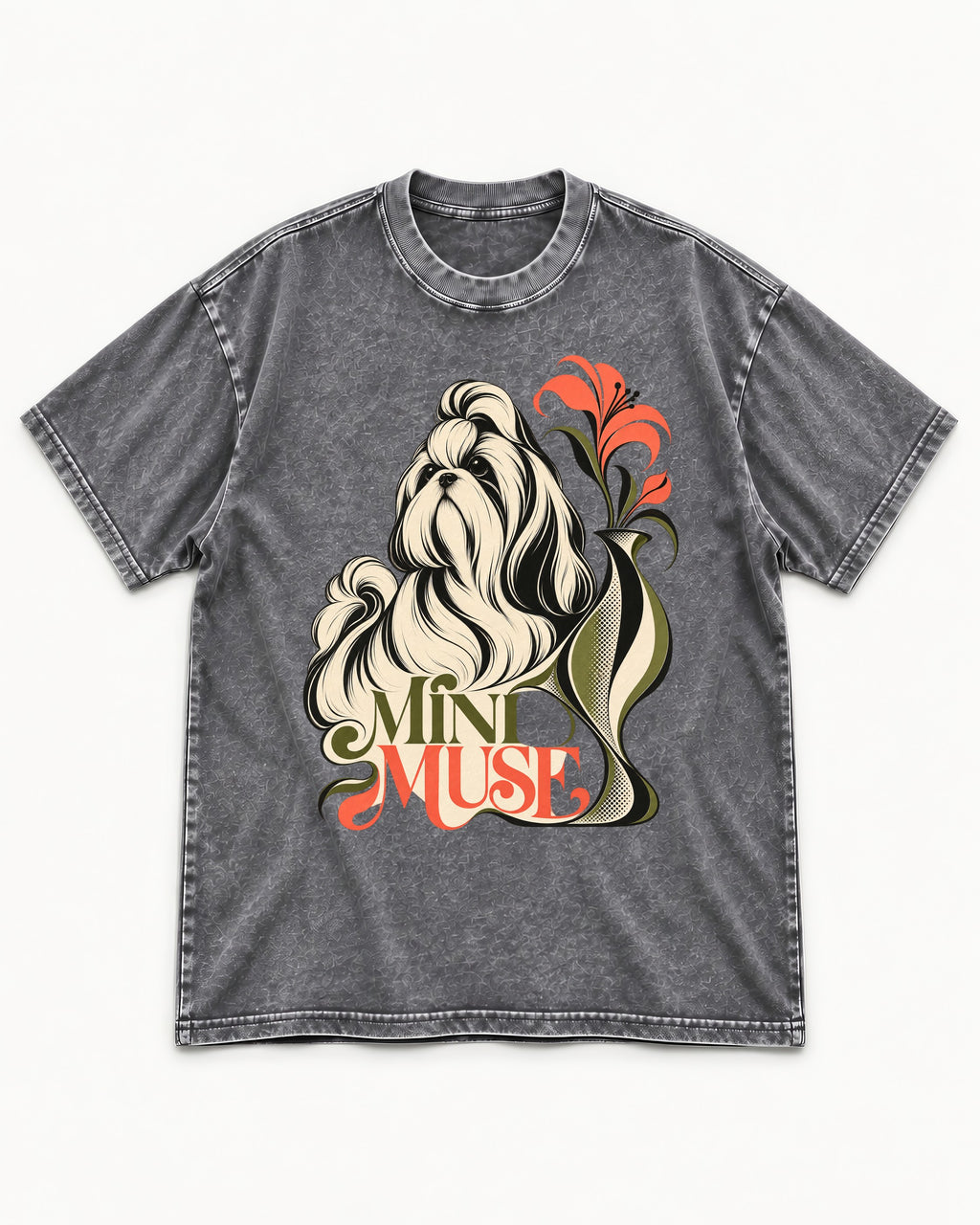 Shih Tzu Mini Muse Washed Tee in Gray, flat lay product photo