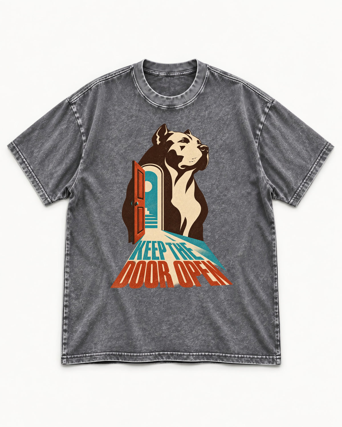 Keep the Door Open Pitbull Washed Tee in Gray, flat lay product photo