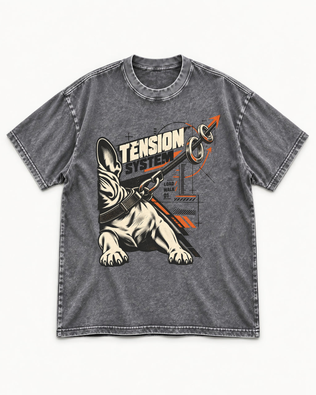 Frenchie Tension System Washed Tee in Gray, flat lay product photo