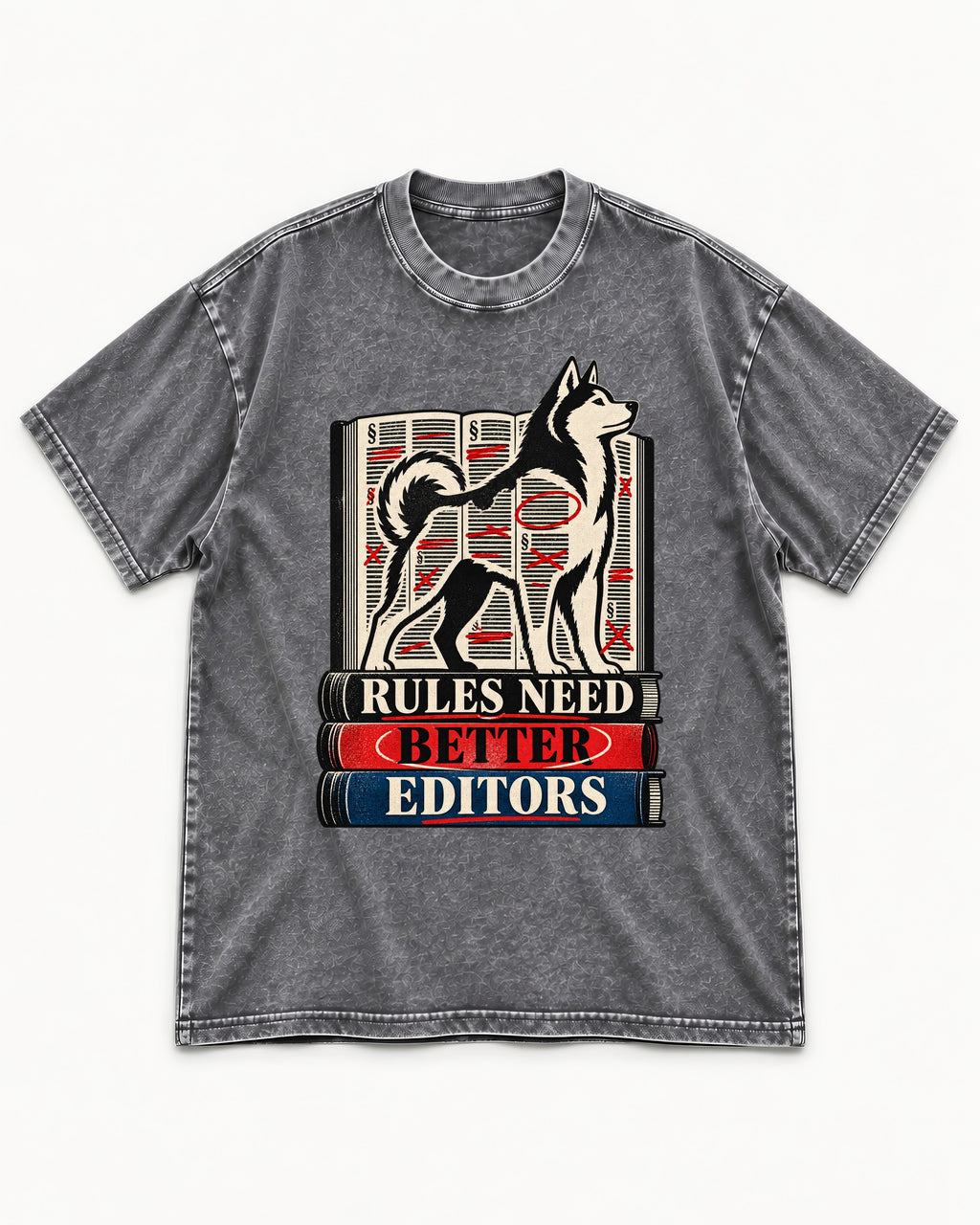 Husky Rules Need Better Editors Book Stack Graphic Washed Tee in Gray, flat lay product photo