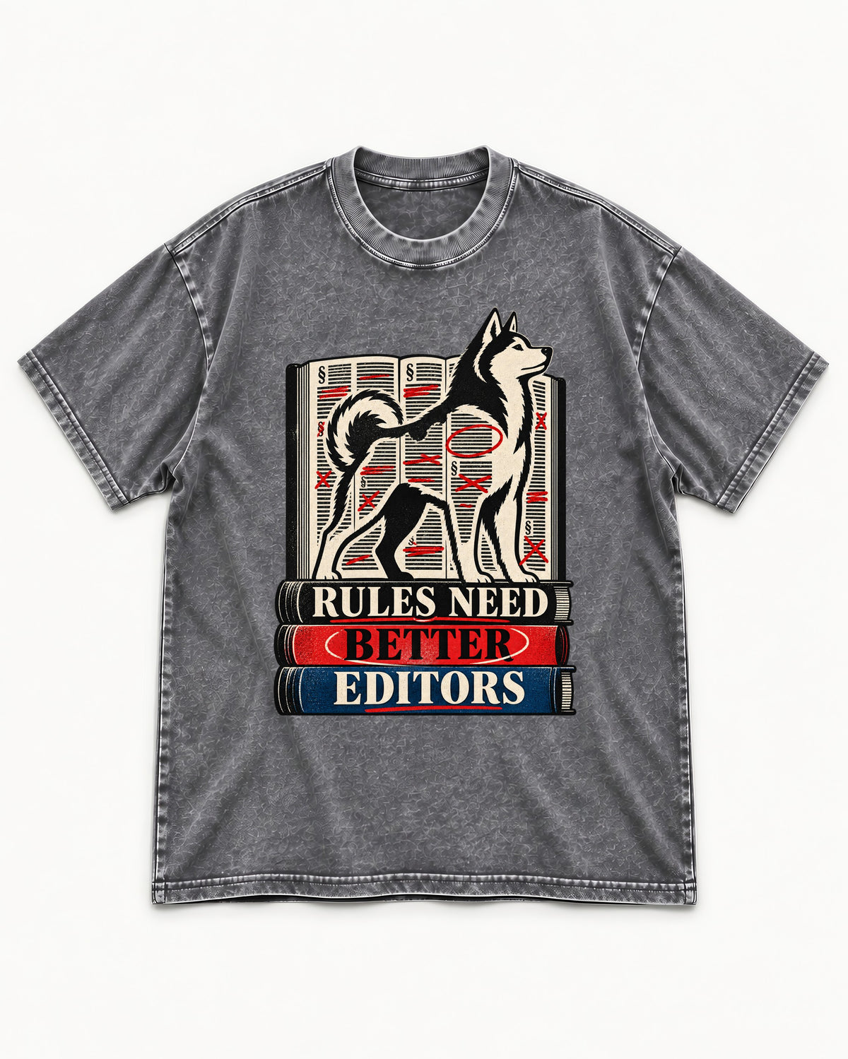 Husky Rules Need Better Editors Book Stack Graphic Washed Tee in Gray, flat lay product photo
