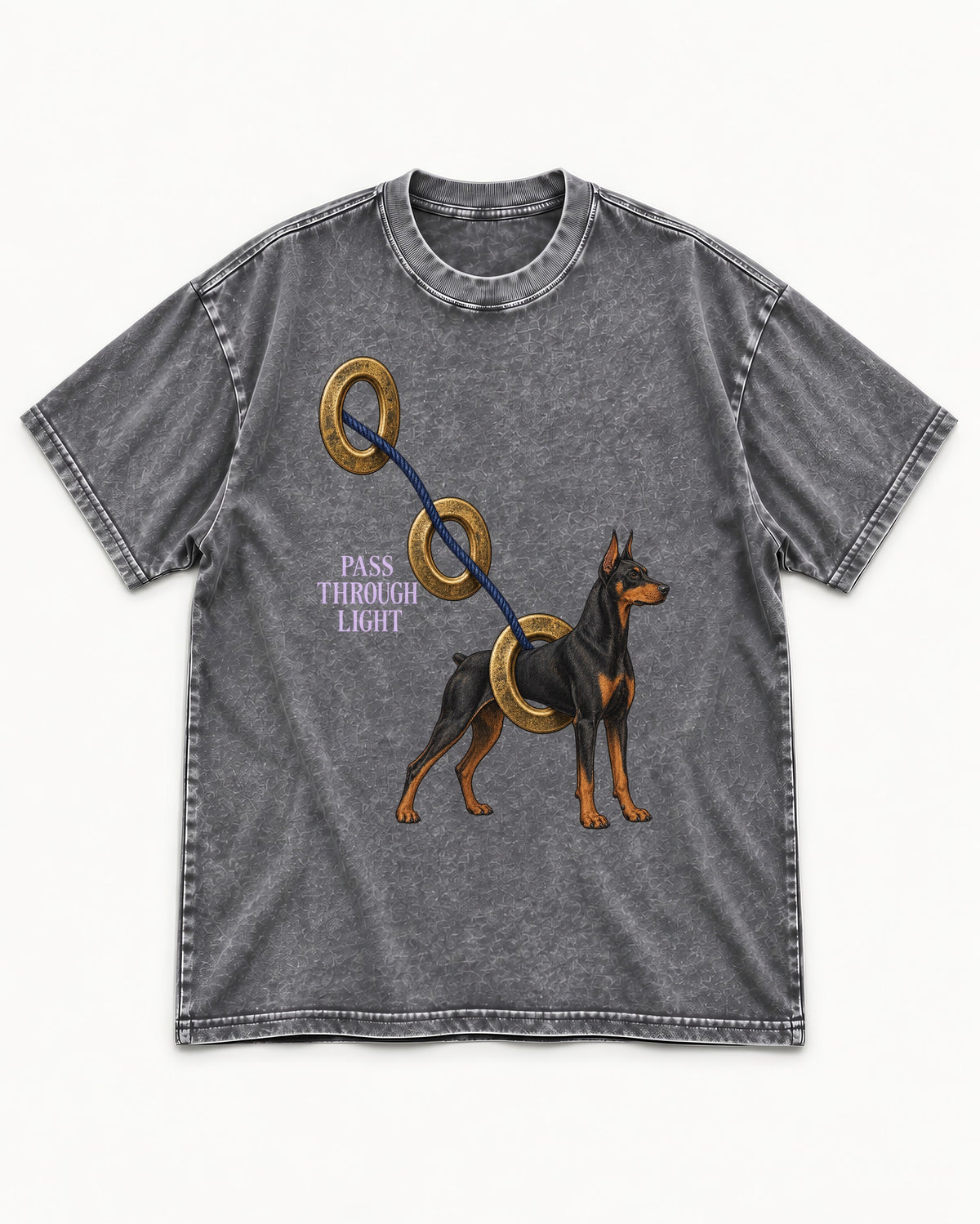 Doberman Pass Through Light Ring Graphic Washed Tee in Gray, flat lay product photo
