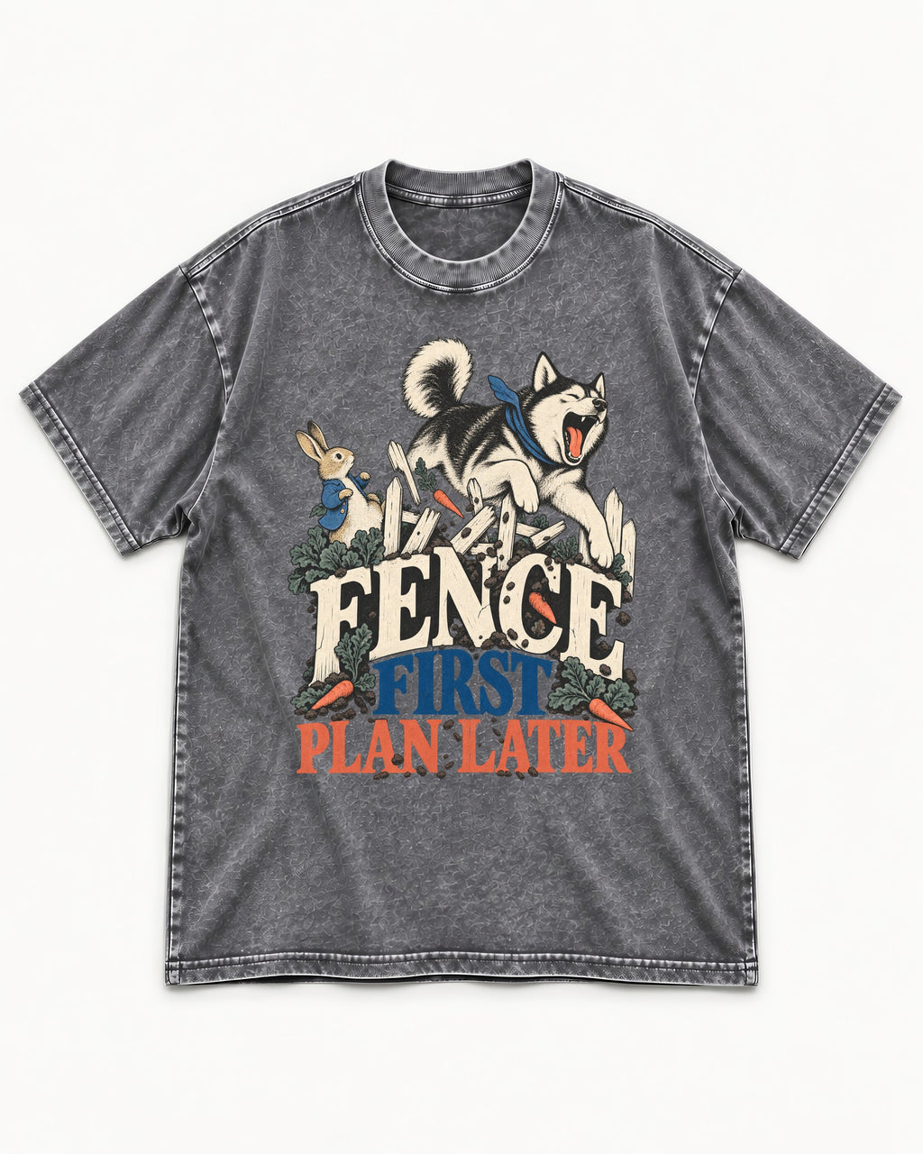 Husky Fence First Plan Later Garden Escape Graphic Washed Tee in Gray, flat lay product photo