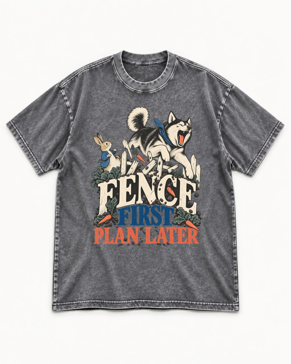 Husky Fence First Plan Later Garden Escape Graphic Washed Tee in Gray, flat lay product photo
