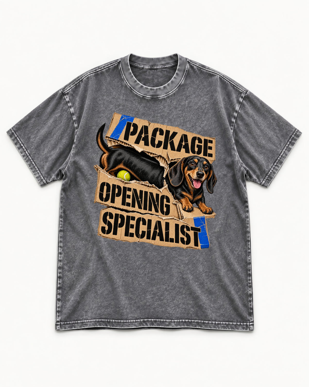 Dachshund Package Opening Specialist Washed Tee in Gray, flat lay product photo