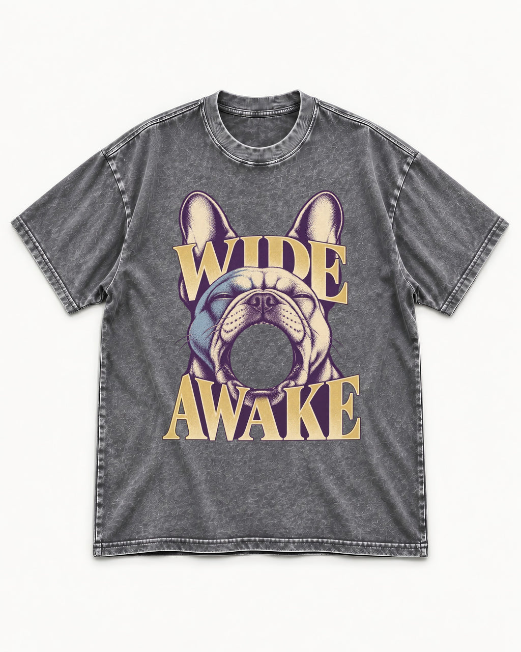 Frenchie Wide Awake Yawn Graphic Washed Tee in Gray, flat lay product photo