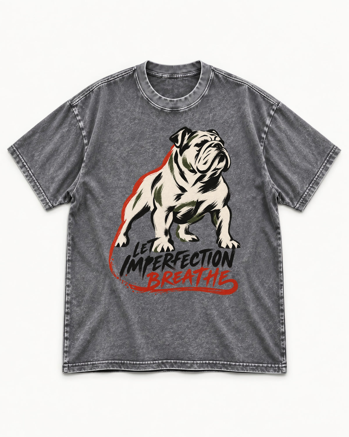 Let Imperfection Breathe English Bulldog Washed Tee in Gray, flat lay product photo