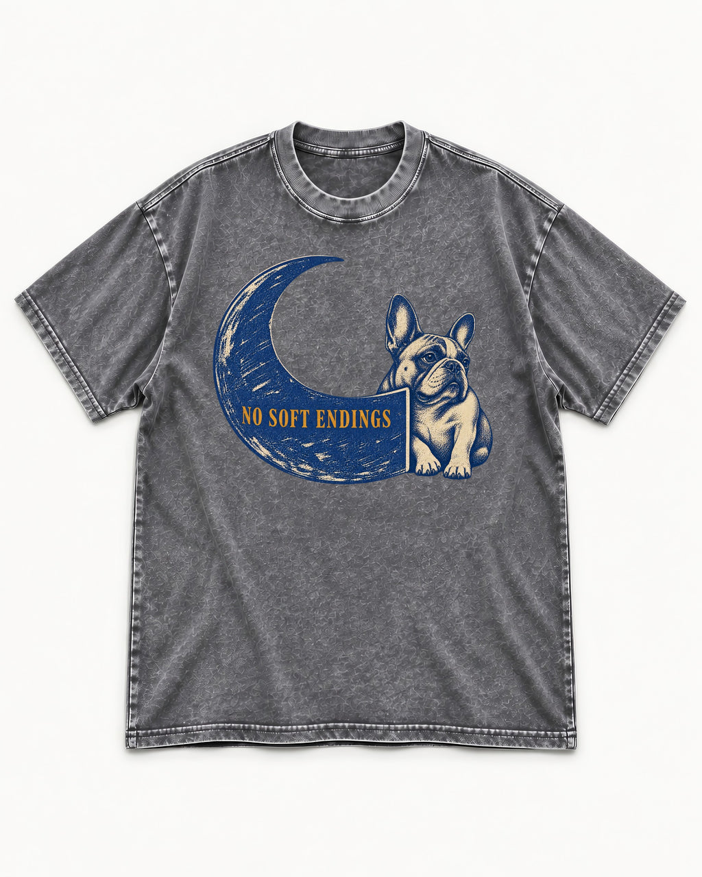 Frenchie No Soft Endings Crescent Graphic Washed Tee in Gray, flat lay product photo