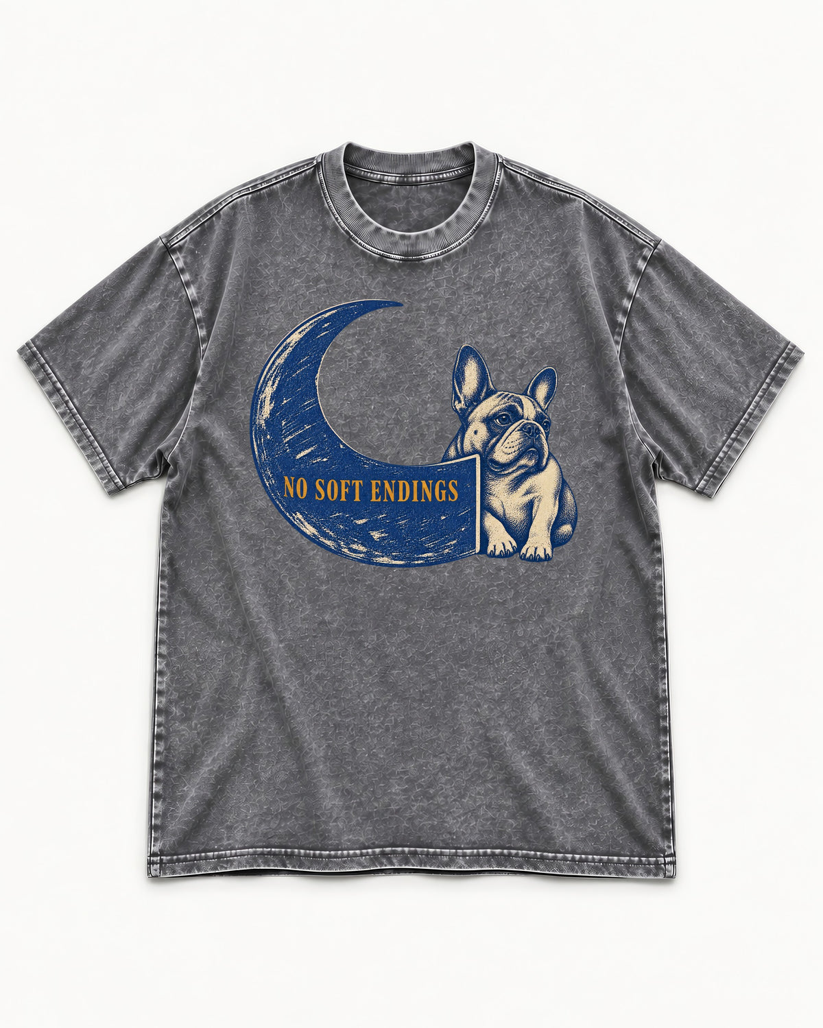 Frenchie No Soft Endings Crescent Graphic Washed Tee in Gray, flat lay product photo