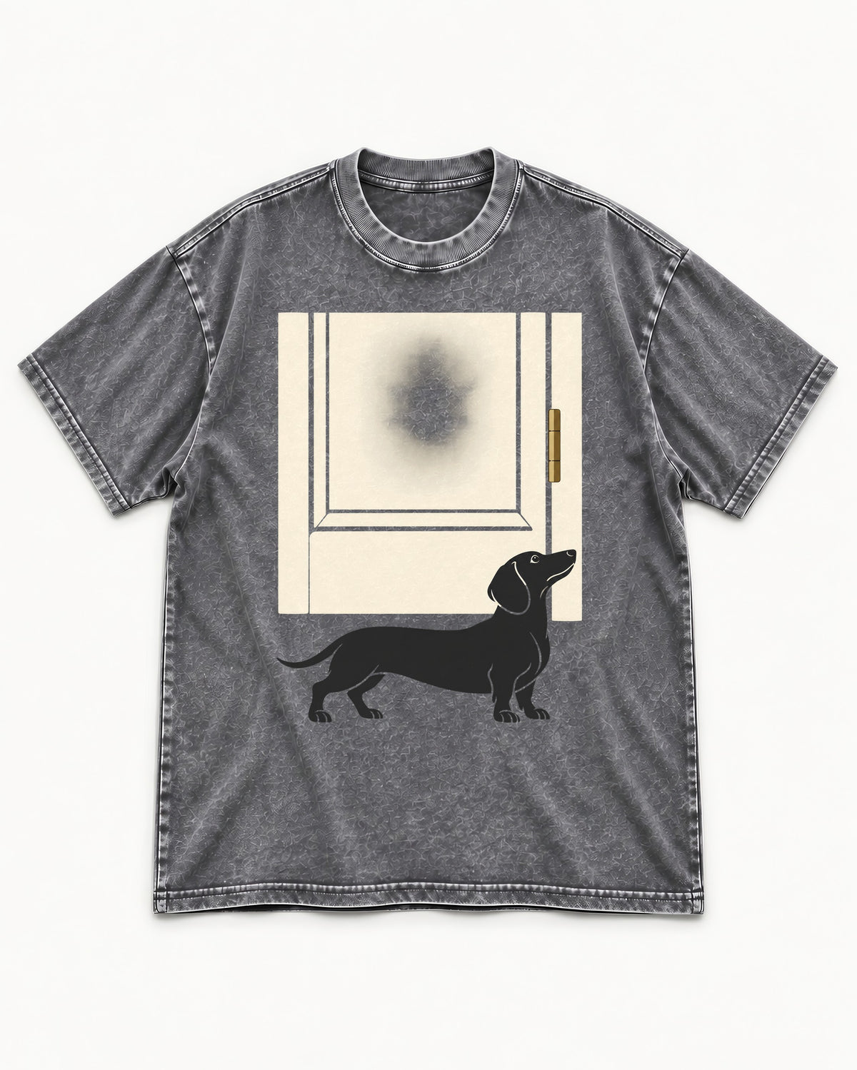 Dachshund Frosted Door Sentinel Graphic Washed Tee in Gray, flat lay product photo
