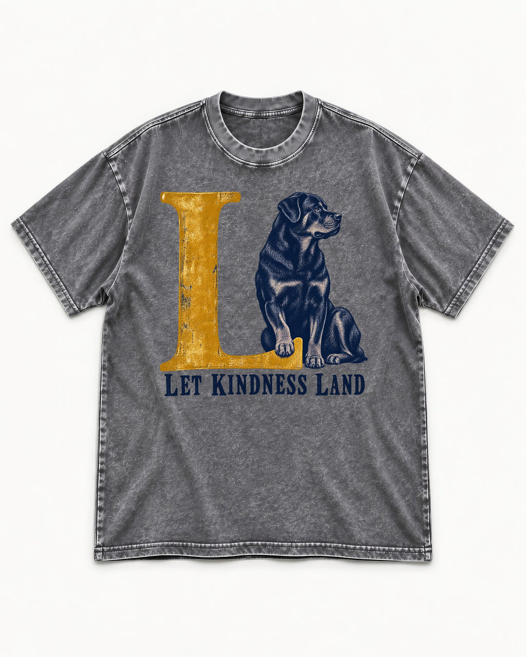 Let Kindness Lead Rottweiler Washed Tee in Gray, flat lay product photo