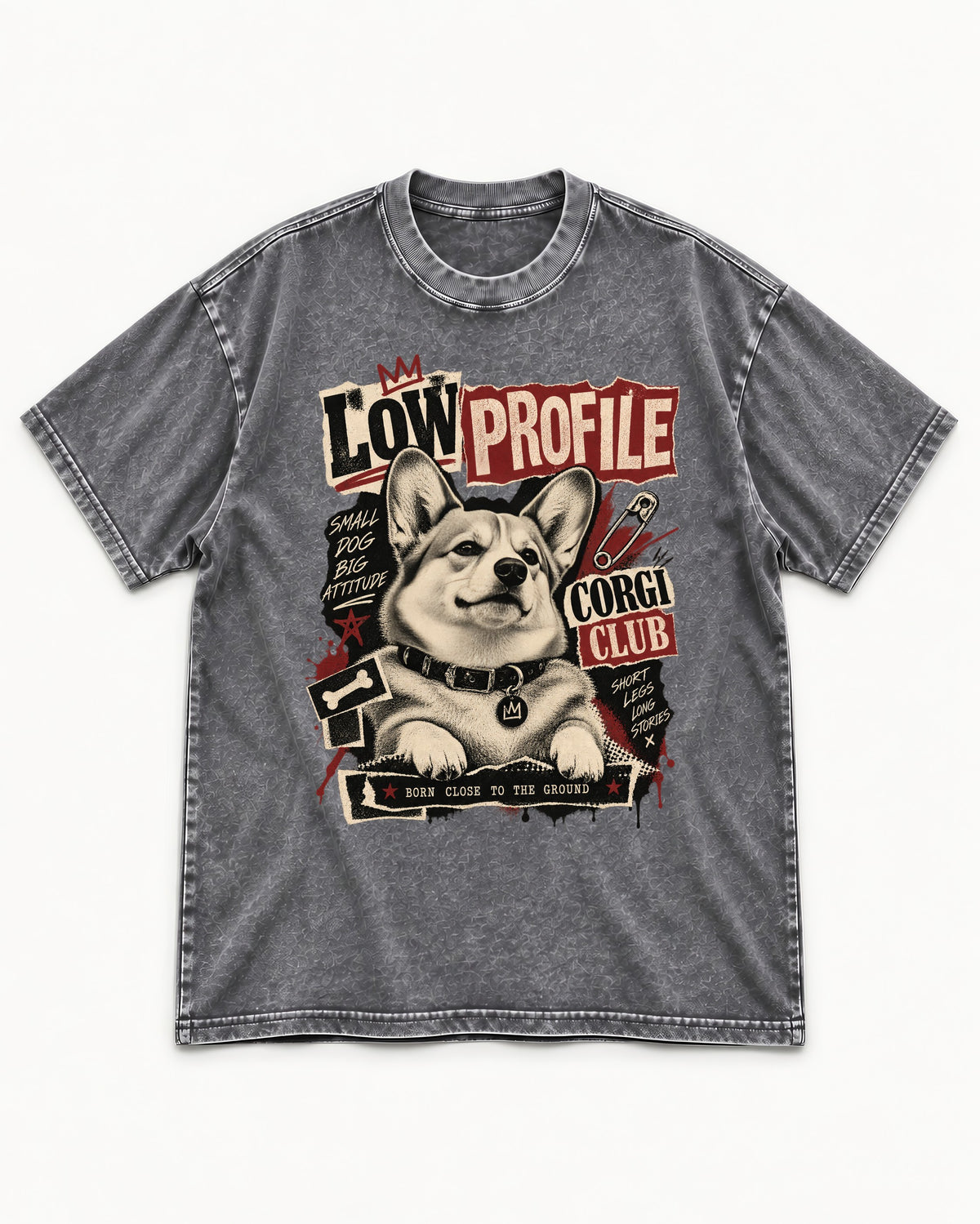 Corgi Low Profile Corgi Club Punk Collage Graphic Washed Tee in Gray, flat lay product photo