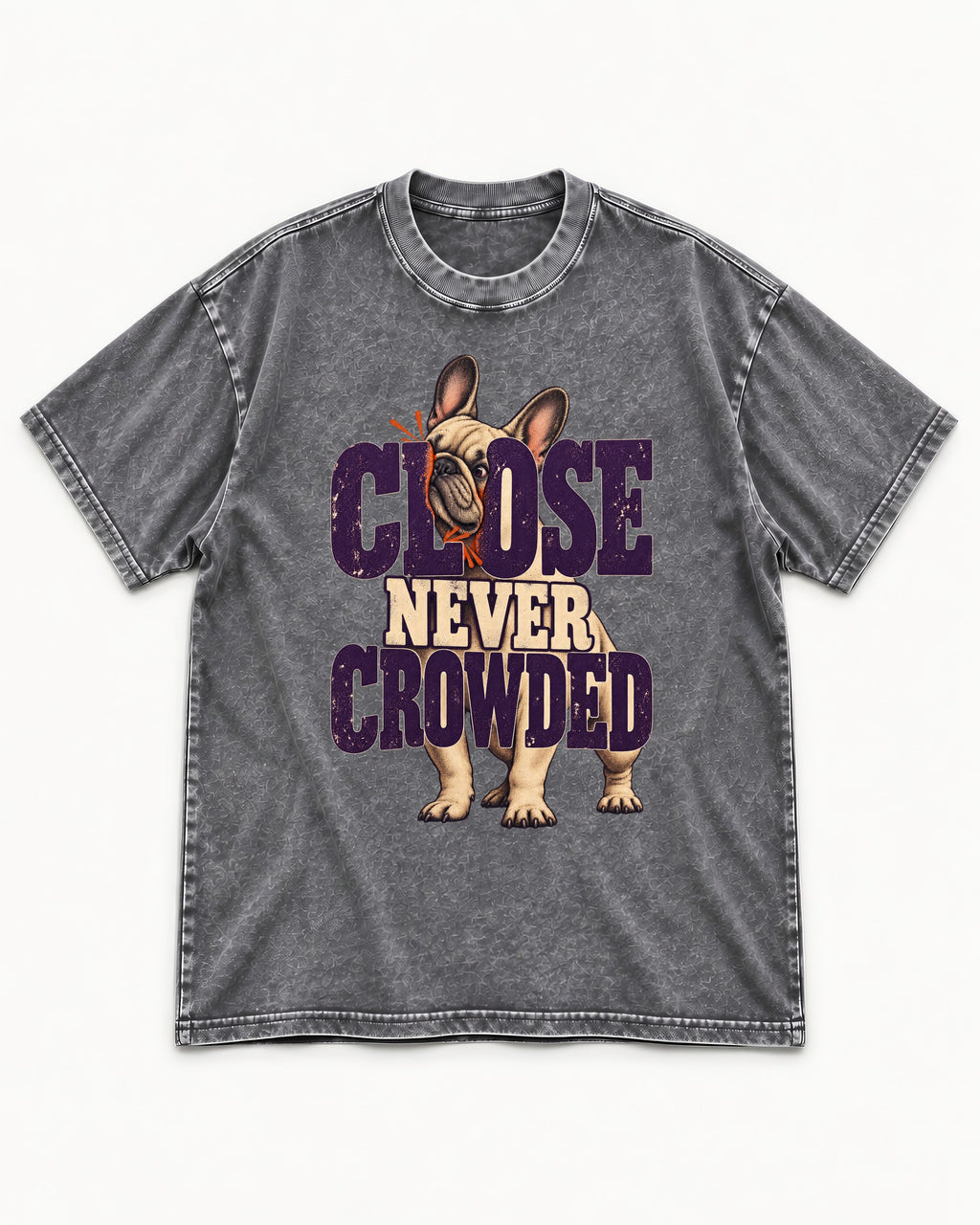Frenchie Close Never Crowded Peekaboo Type Graphic Washed Tee in Gray, flat lay product photo