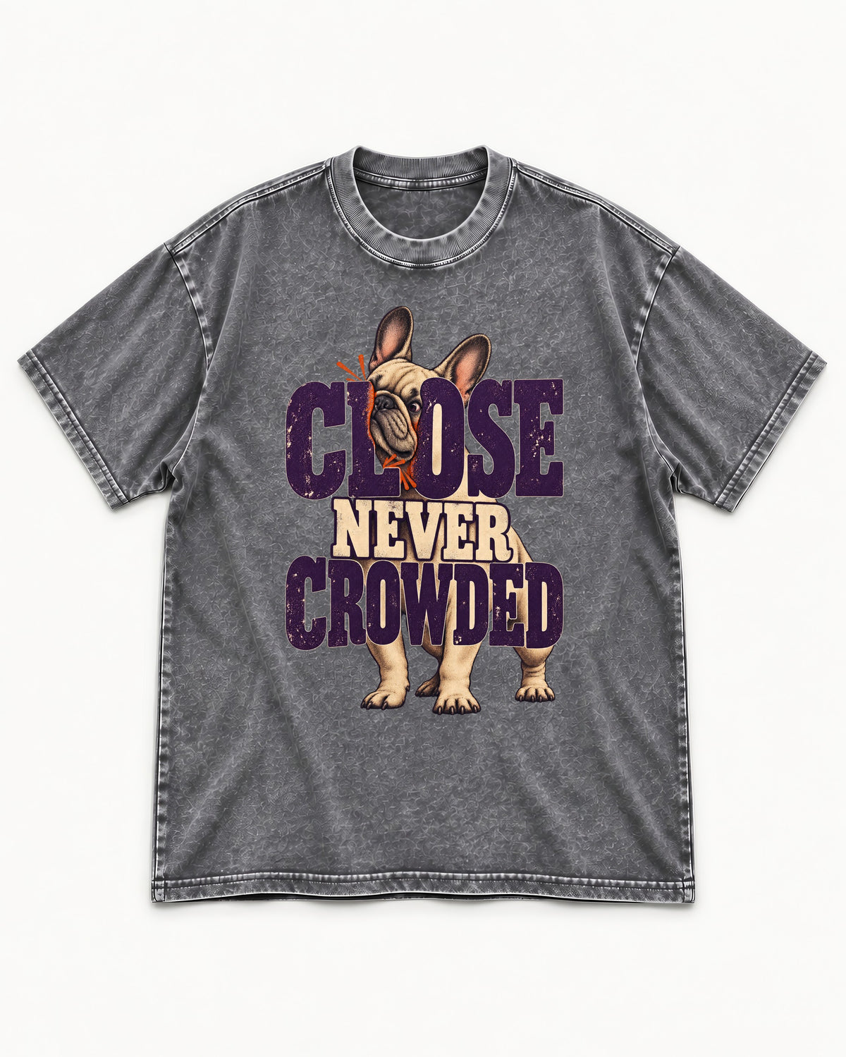 Frenchie Close Never Crowded Peekaboo Type Graphic Washed Tee in Gray, flat lay product photo