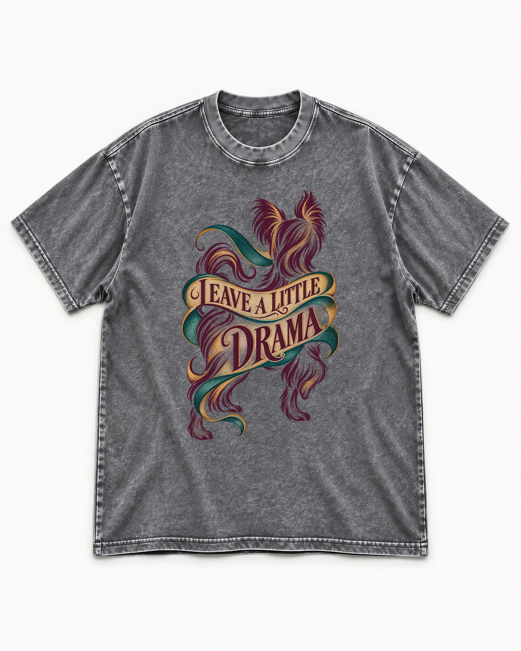 Leave a Little Drama Yorkshire Terrier Washed Tee in Gray, flat lay product photo