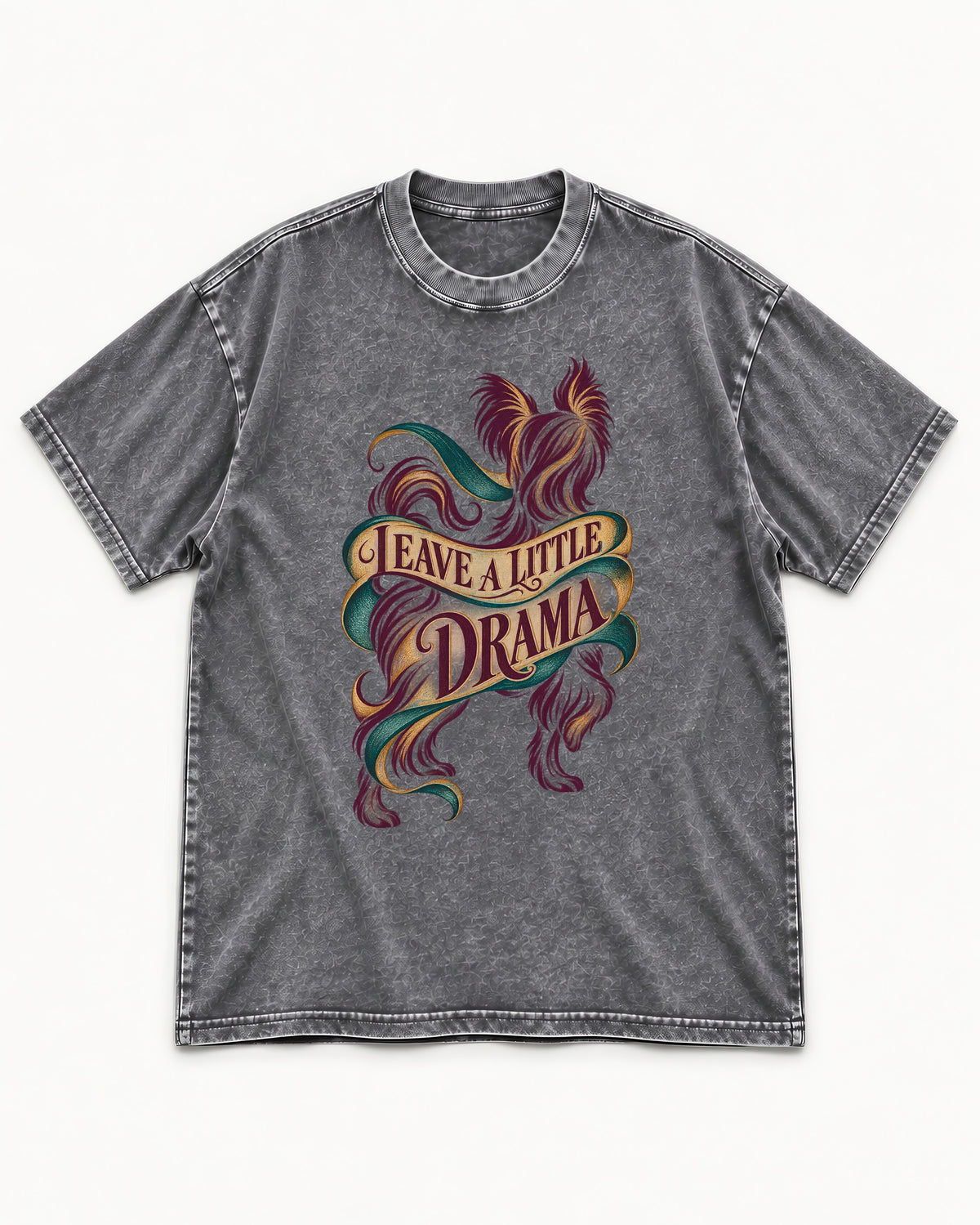 Leave a Little Drama Yorkshire Terrier Washed Tee in Gray, flat lay product photo