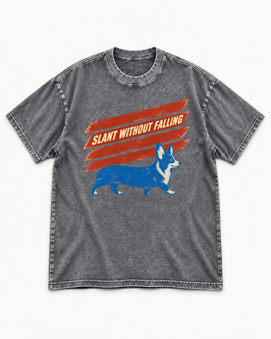 Corgi Slant Without Falling Speed Graphic Washed Tee in Gray, flat lay product photo