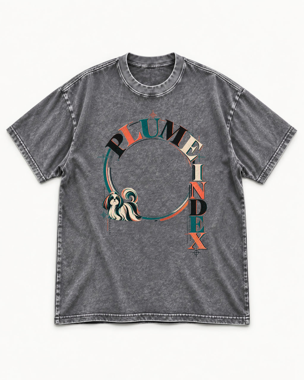Shih Tzu Plume Index Circular Typography Graphic Washed Tee in Gray, flat lay product photo