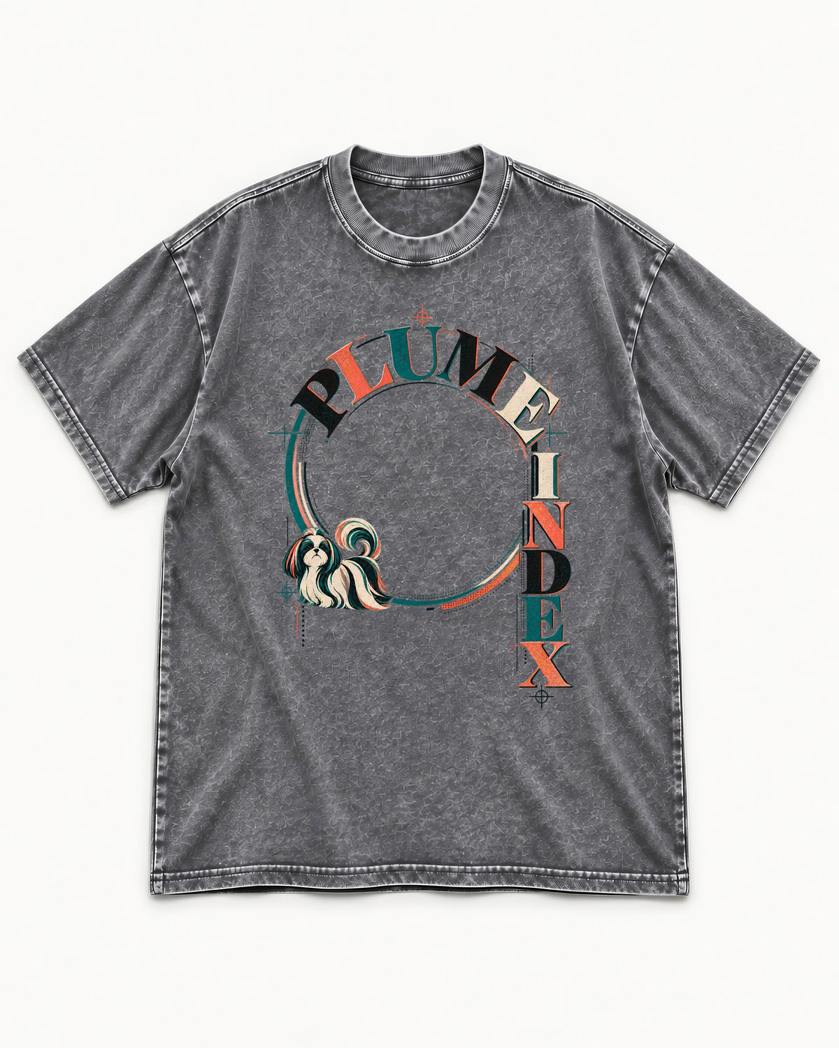 Shih Tzu Plume Index Circular Typography Graphic Washed Tee in Gray, flat lay product photo