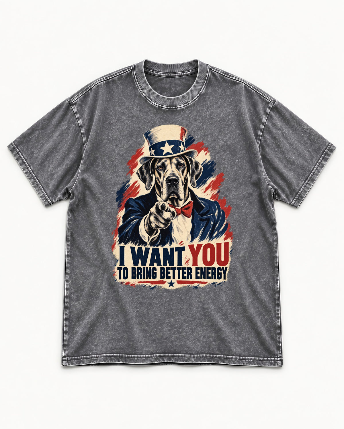 Great Dane I Want You to Bring Better Energy Uncle Sam Graphic Washed Tee in Gray, flat lay product photo