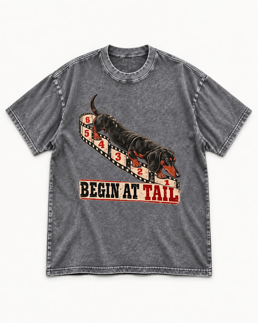 Begin at Tail Dachshund Washed Tee in Gray, flat lay product photo