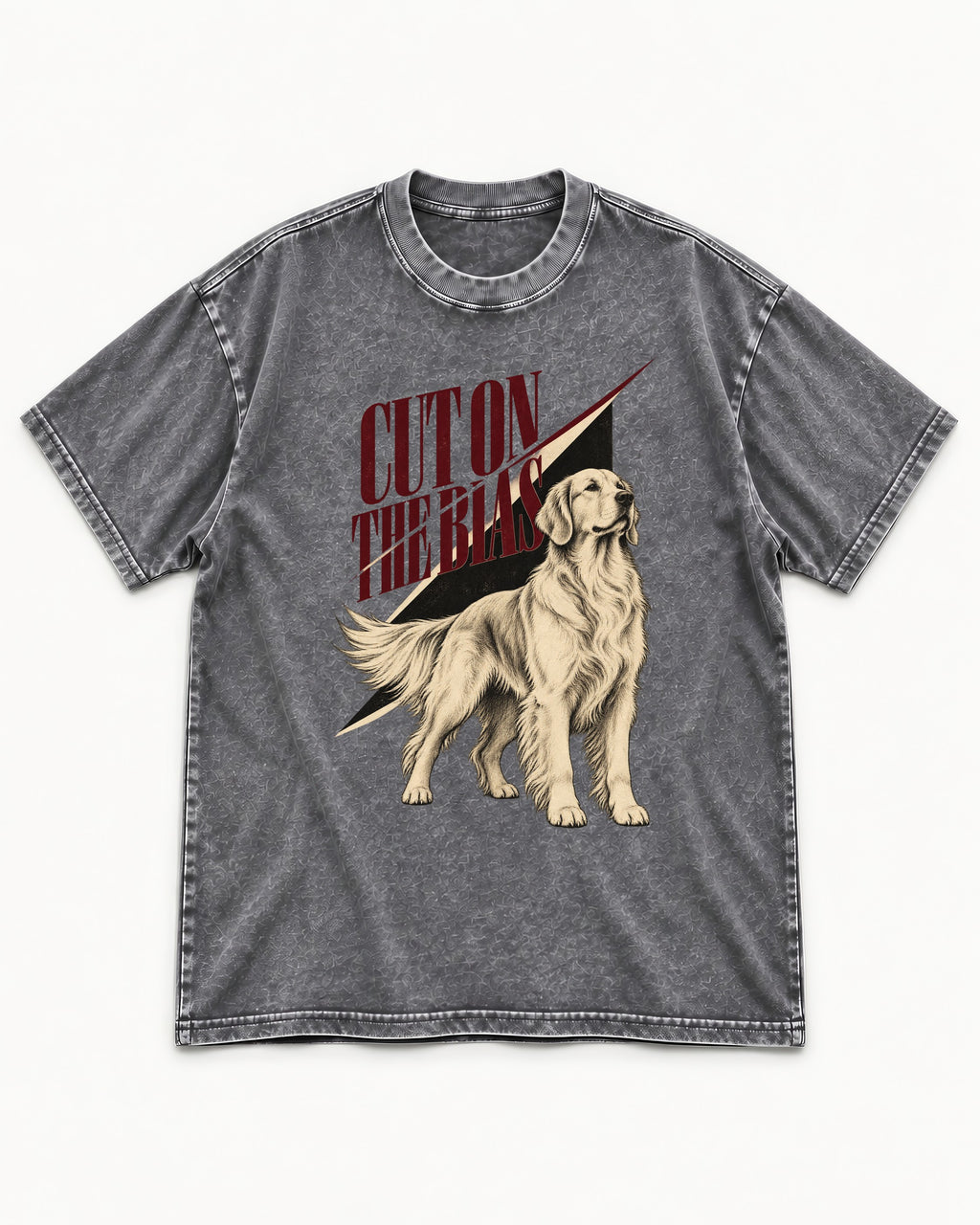 Cut on the Bias Golden Retriever Washed Tee in Gray, flat lay product photo
