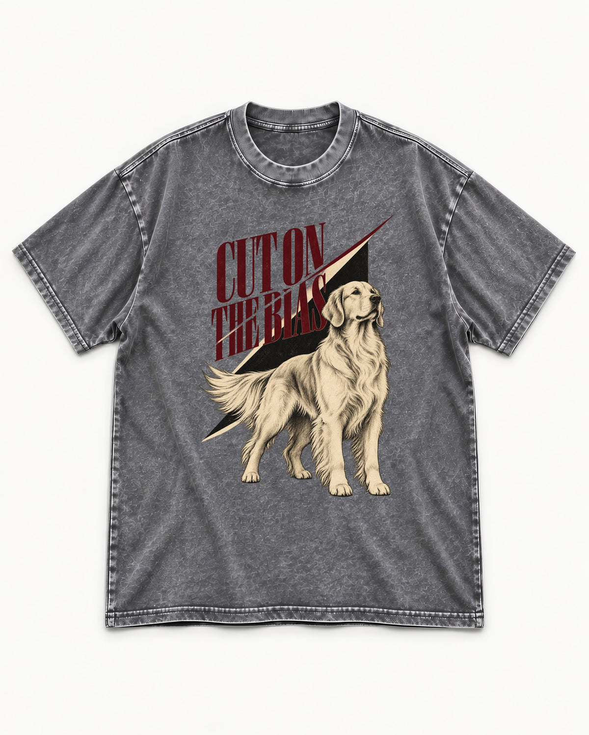 Cut on the Bias Golden Retriever Washed Tee in Gray, flat lay product photo