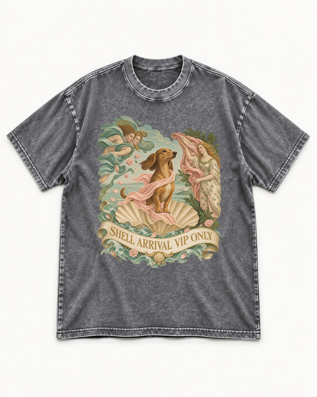 Dachshund Shell Arrival VIP Only Venus Parody Graphic Washed Tee in Gray, flat lay product photo