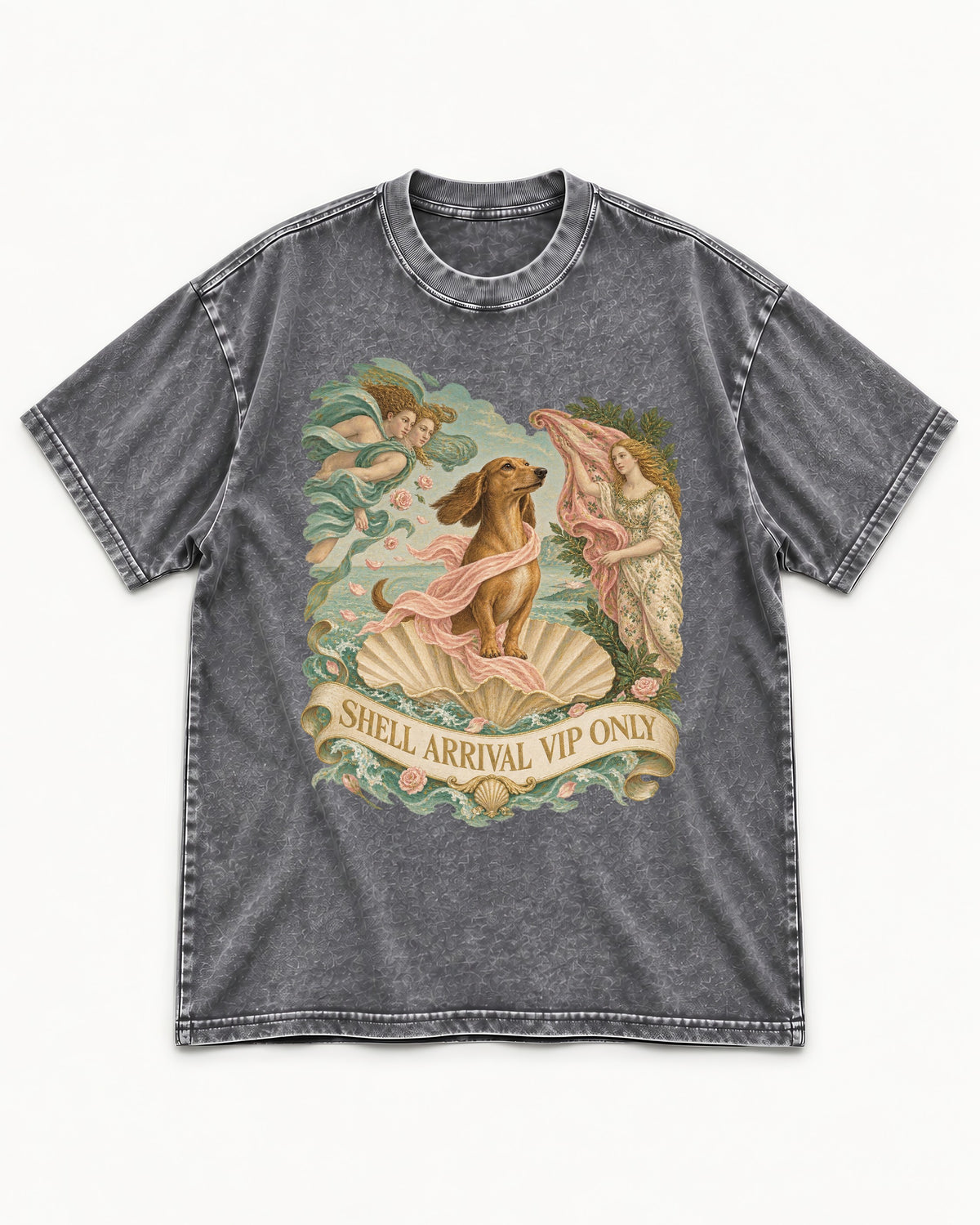 Dachshund Shell Arrival VIP Only Venus Parody Graphic Washed Tee in Gray, flat lay product photo