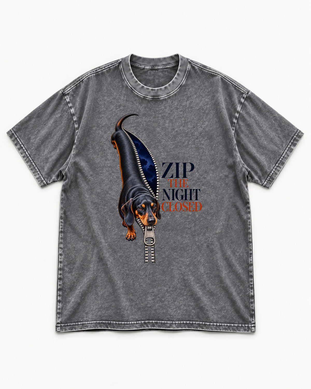 Zip the Night Closed Dachshund Washed Tee in Gray, flat lay product photo