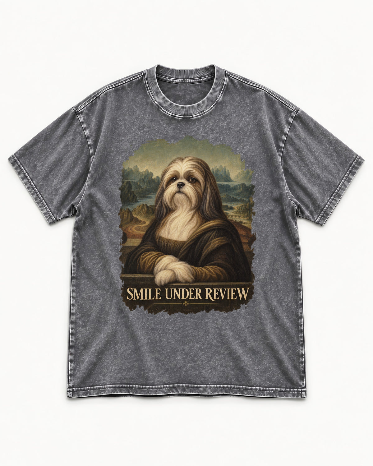 Shih Tzu Smile Under Review Old Master Portrait Graphic Washed Tee in Gray, flat lay product photo