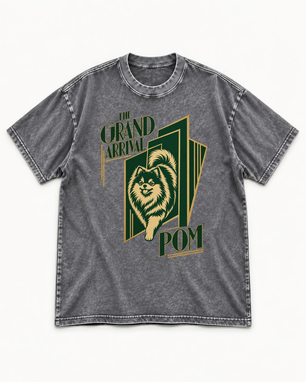 The Grand Arrival Pomeranian Washed Tee in Gray, flat lay product photo