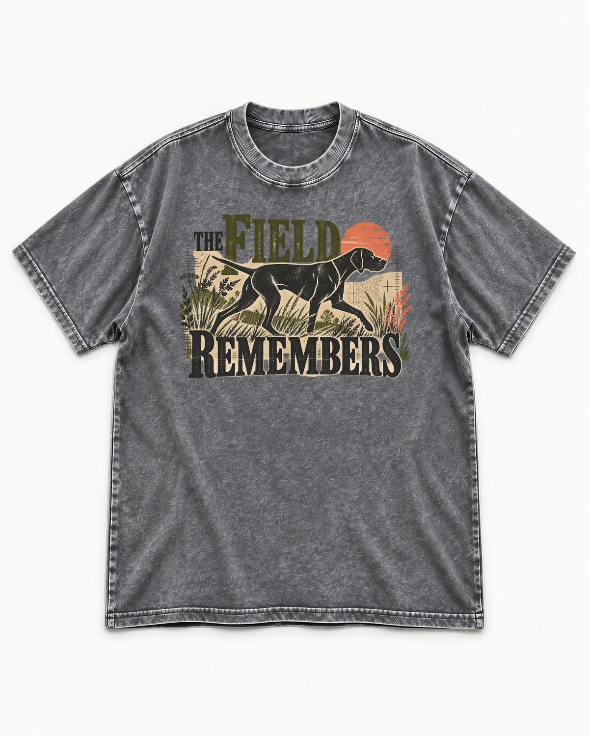 The Field Remembers German Shorthaired Pointer Washed Tee in Gray, flat lay product photo