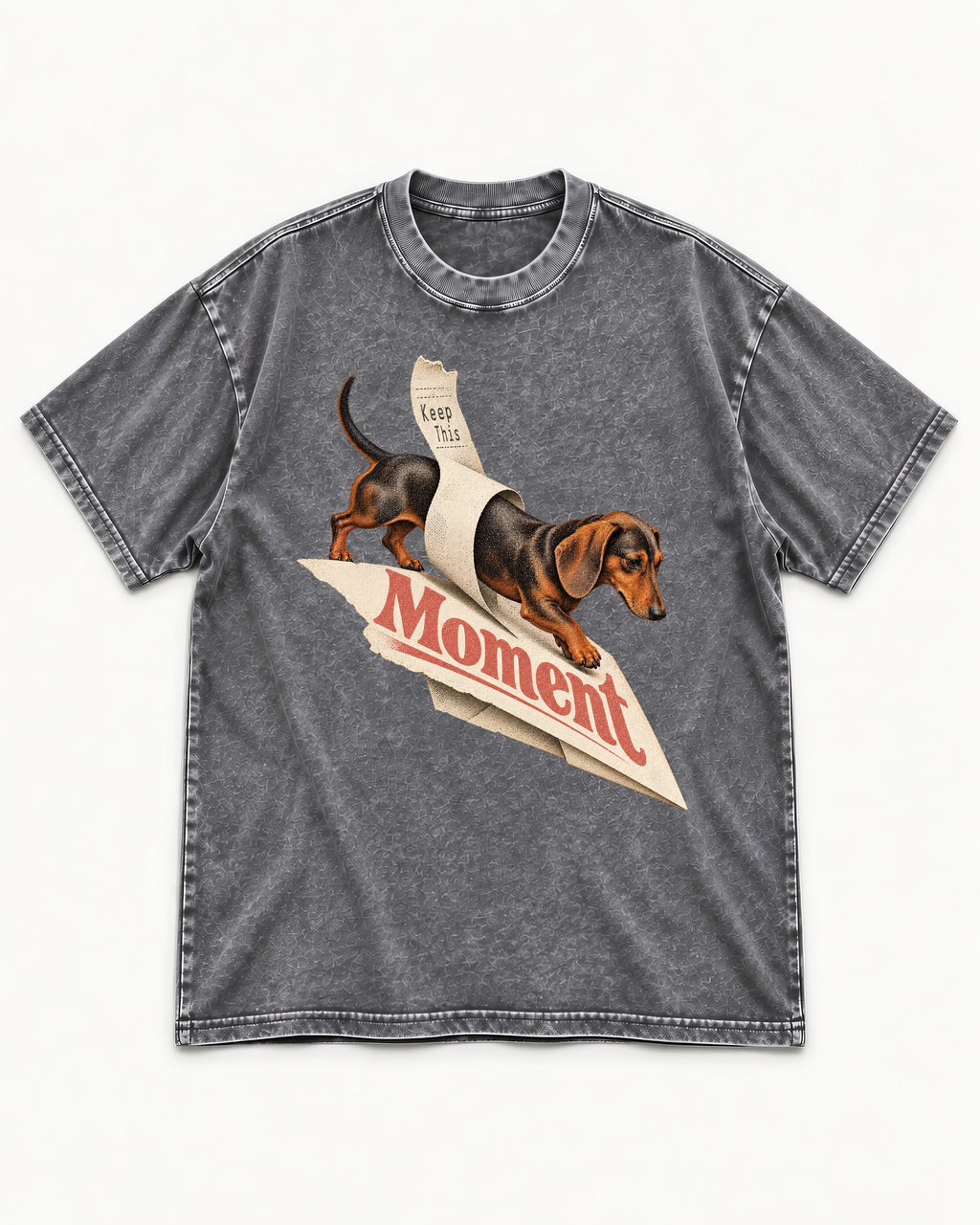 Dachshund Keep This Moment Receipt Graphic Washed Tee in Gray, flat lay product photo