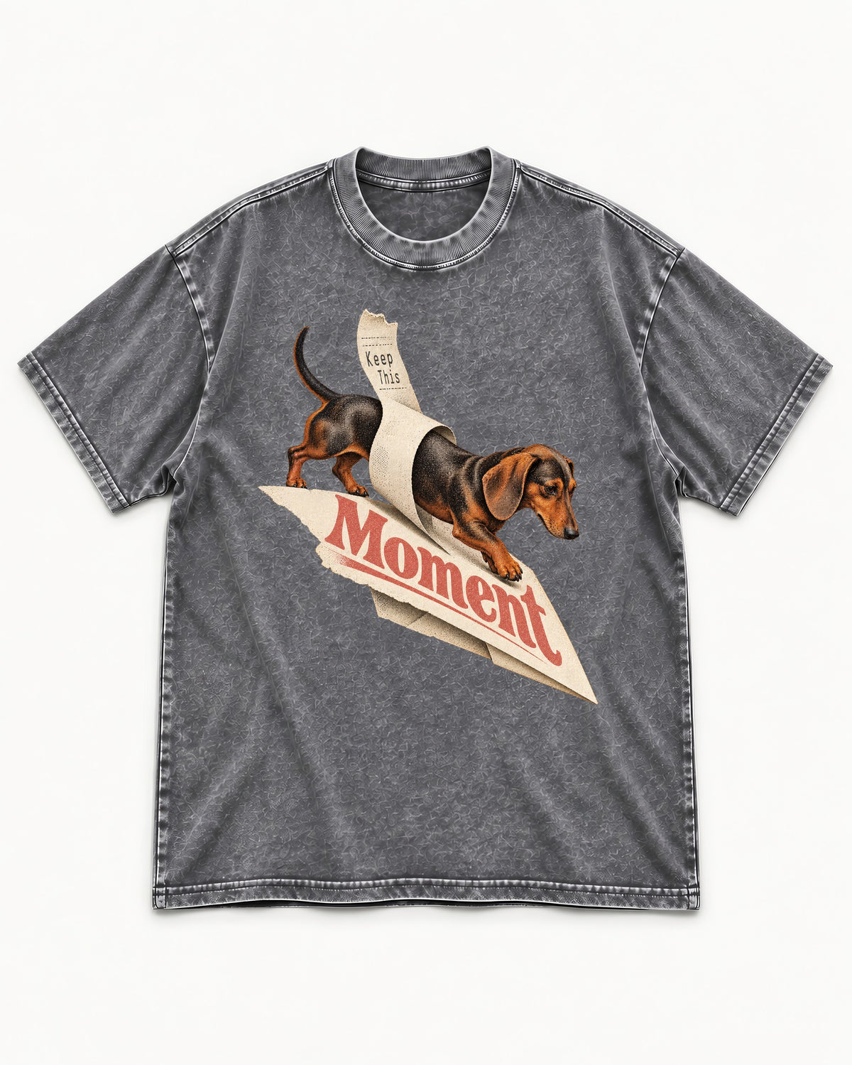 Dachshund Keep This Moment Receipt Graphic Washed Tee in Gray, flat lay product photo