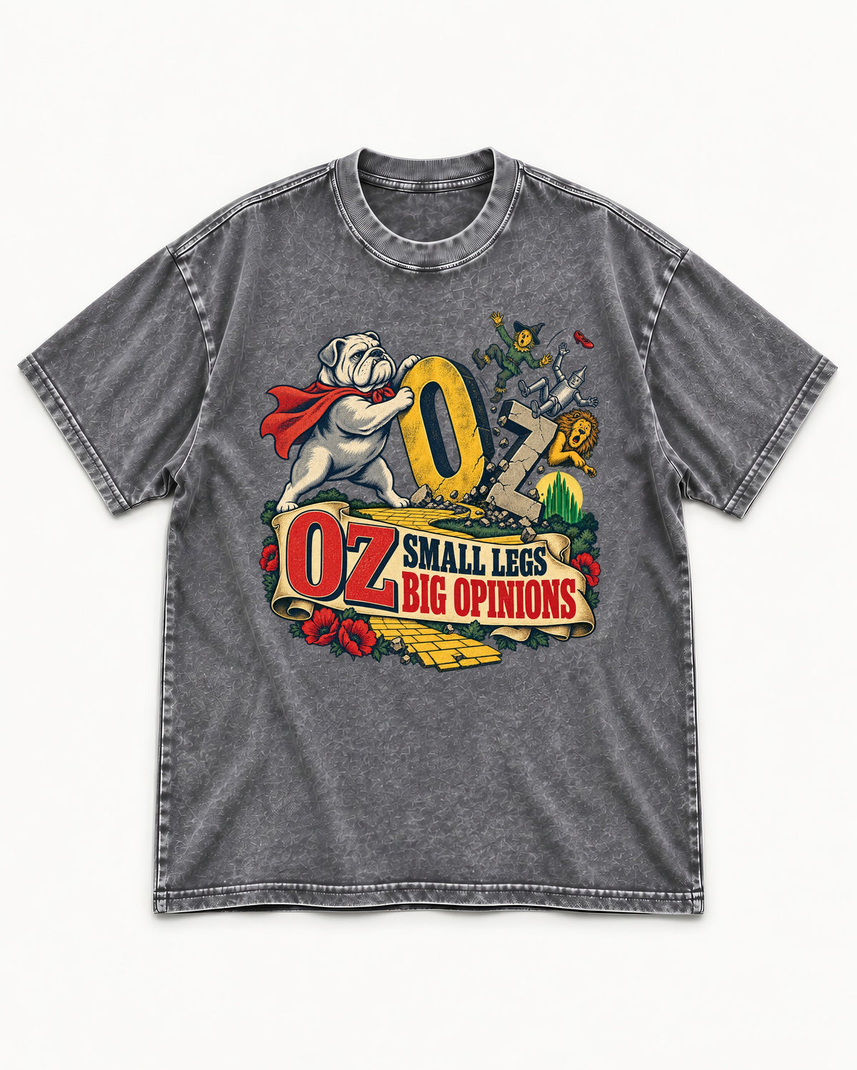 English Bulldog Small Legs Big Opinions Washed Tee in Gray, flat lay product photo
