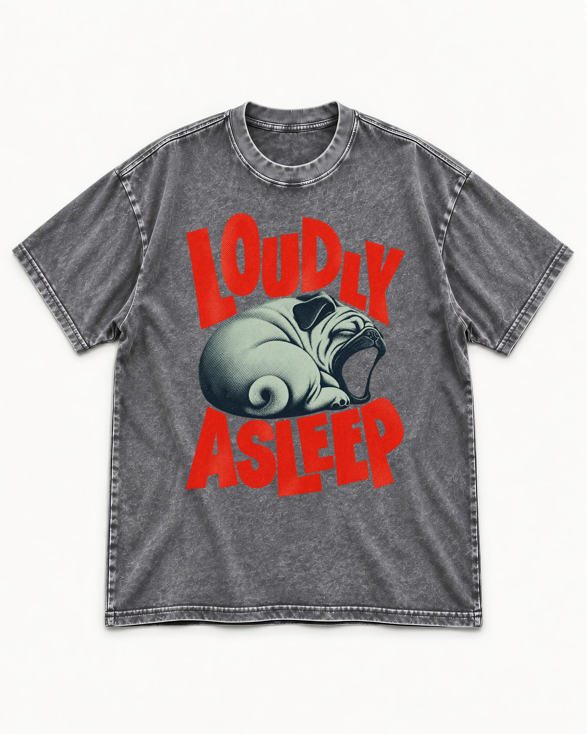 Pug Loudly Asleep Curled Yawn Graphic Washed Tee in Gray, flat lay product photo