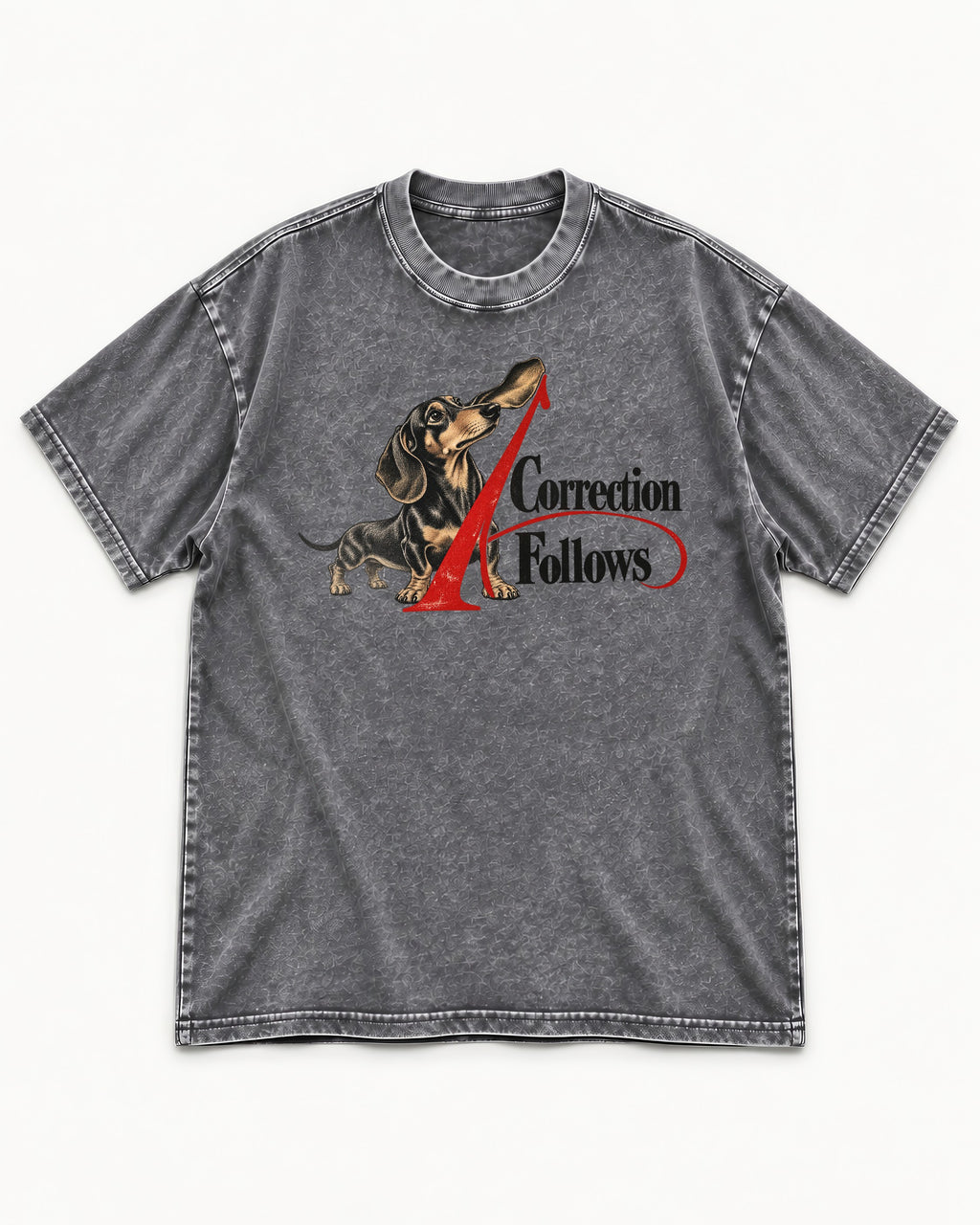 A Dachshund Correction Follows Washed Tee in Gray, flat lay product photo