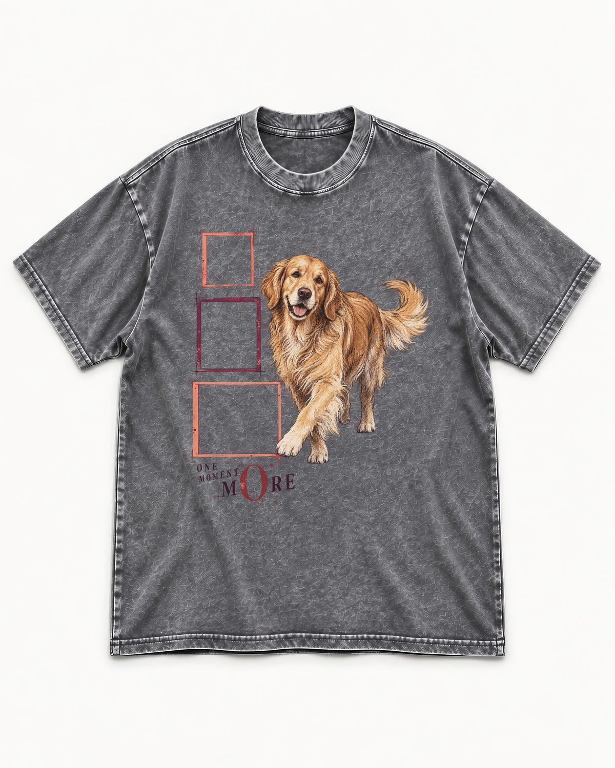 Golden Retriever One Moment More Washed Tee in Gray, flat lay product photo