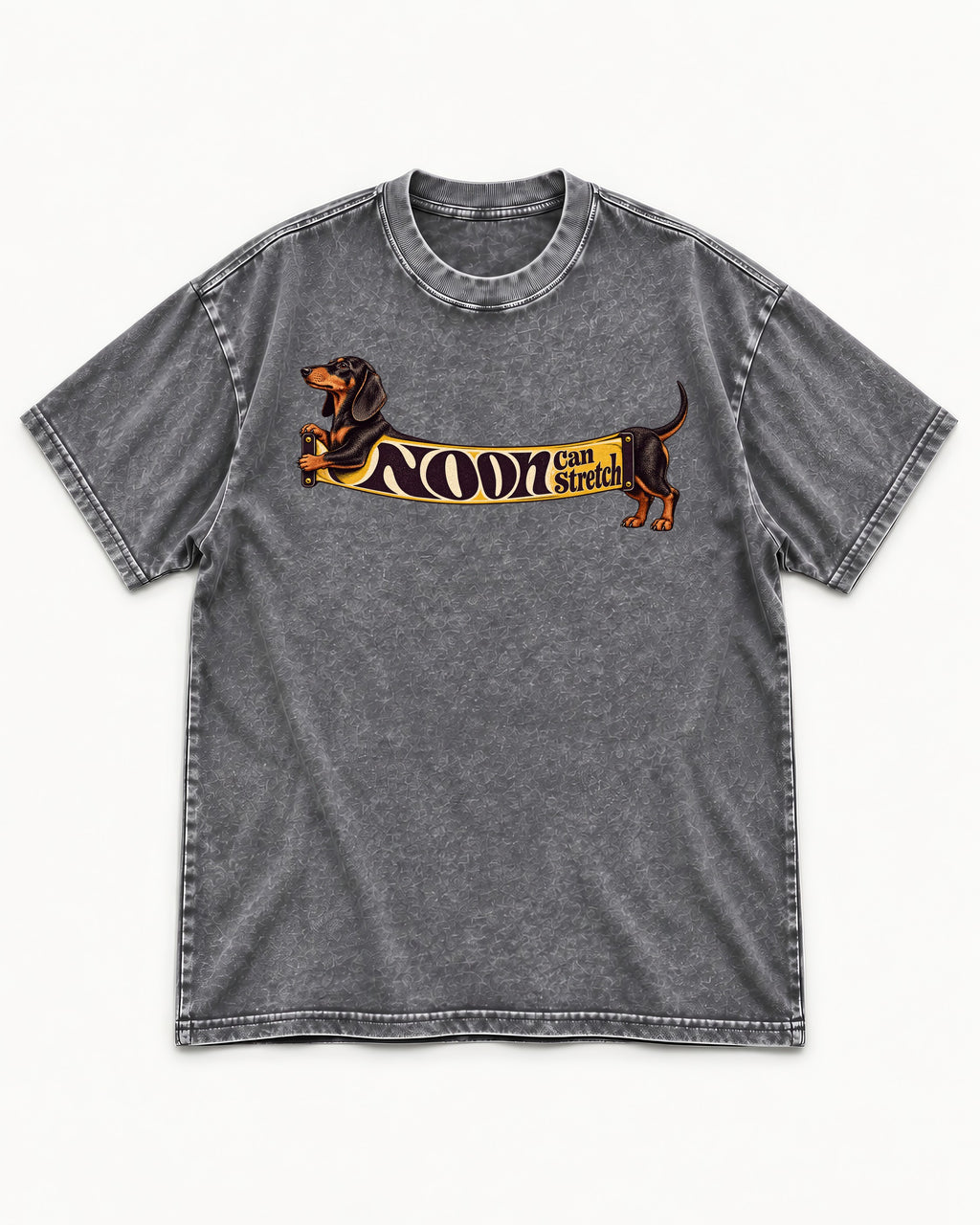 Dachshund Noon Can Stretch Sign Graphic Washed Tee in Gray, flat lay product photo