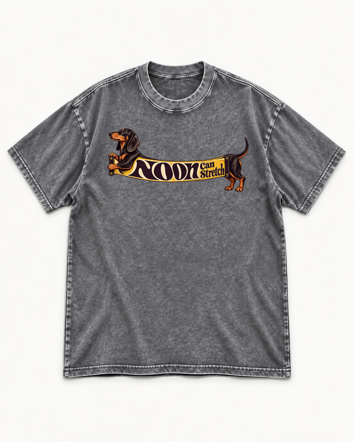 Dachshund Noon Can Stretch Sign Graphic Washed Tee in Gray, flat lay product photo