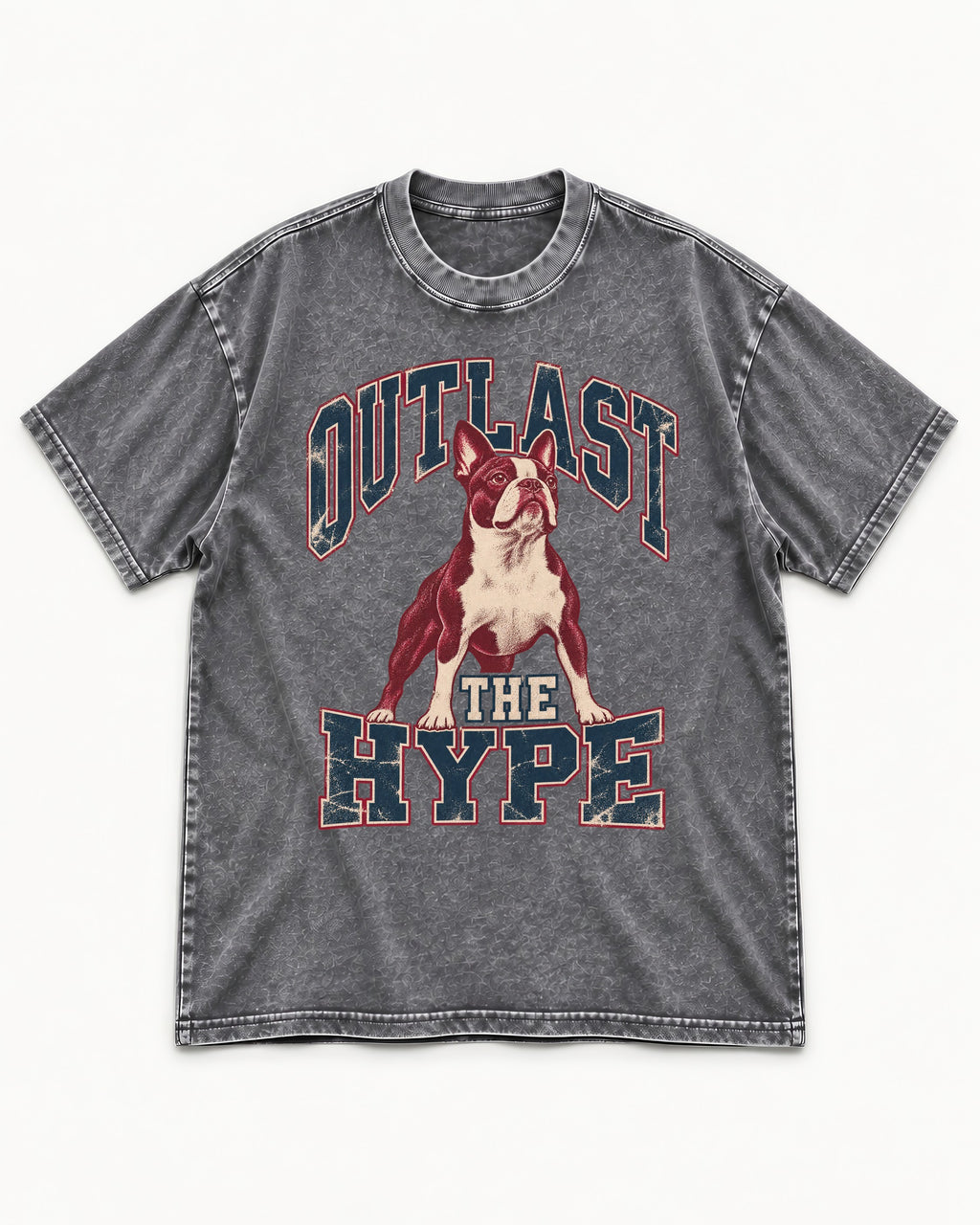 Boston Terrier Outlast The Hype Collegiate Graphic Washed Tee in Gray, flat lay product photo