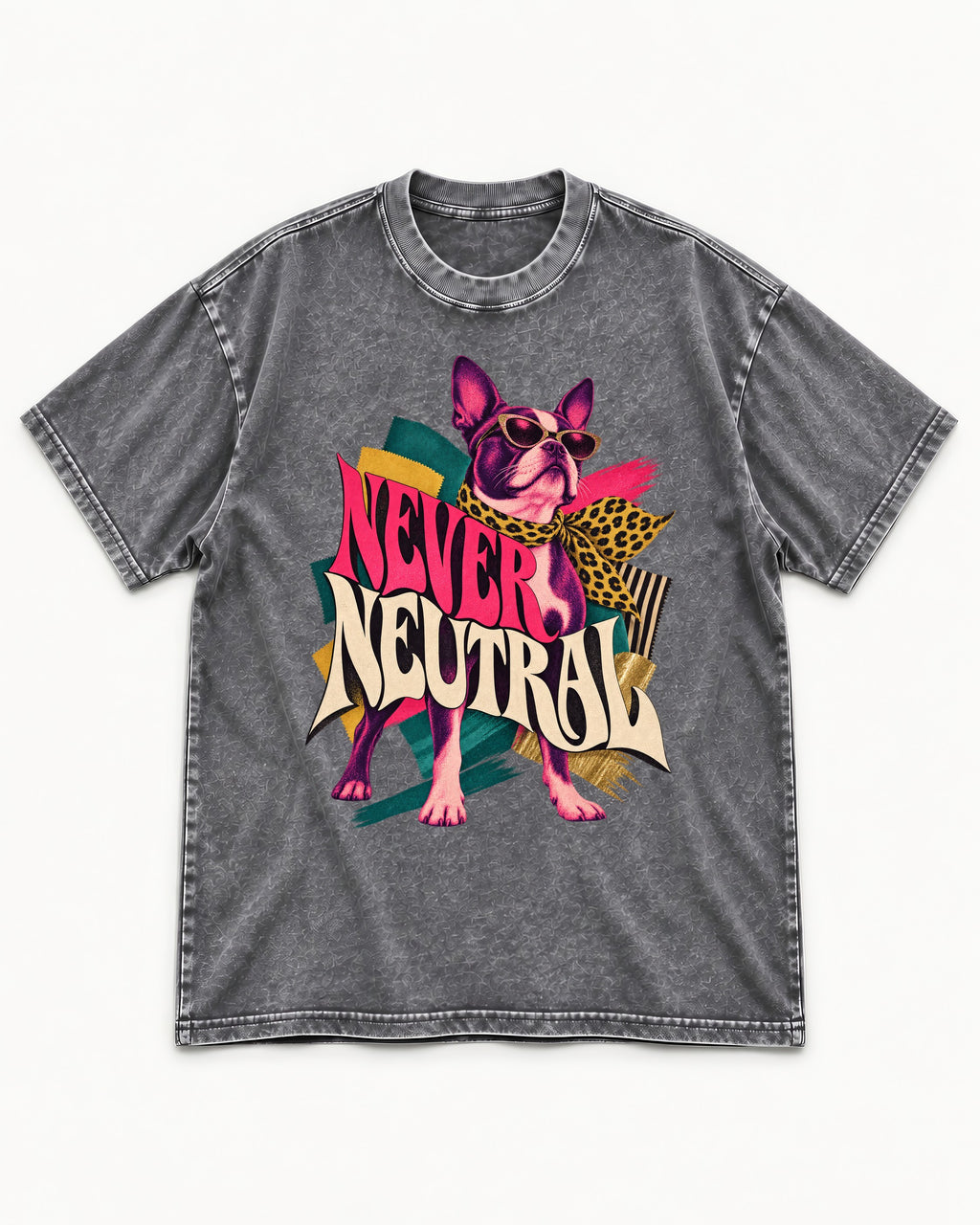 Boston Terrier Never Neutral Fashion Collage Graphic Washed Tee in Gray, flat lay product photo