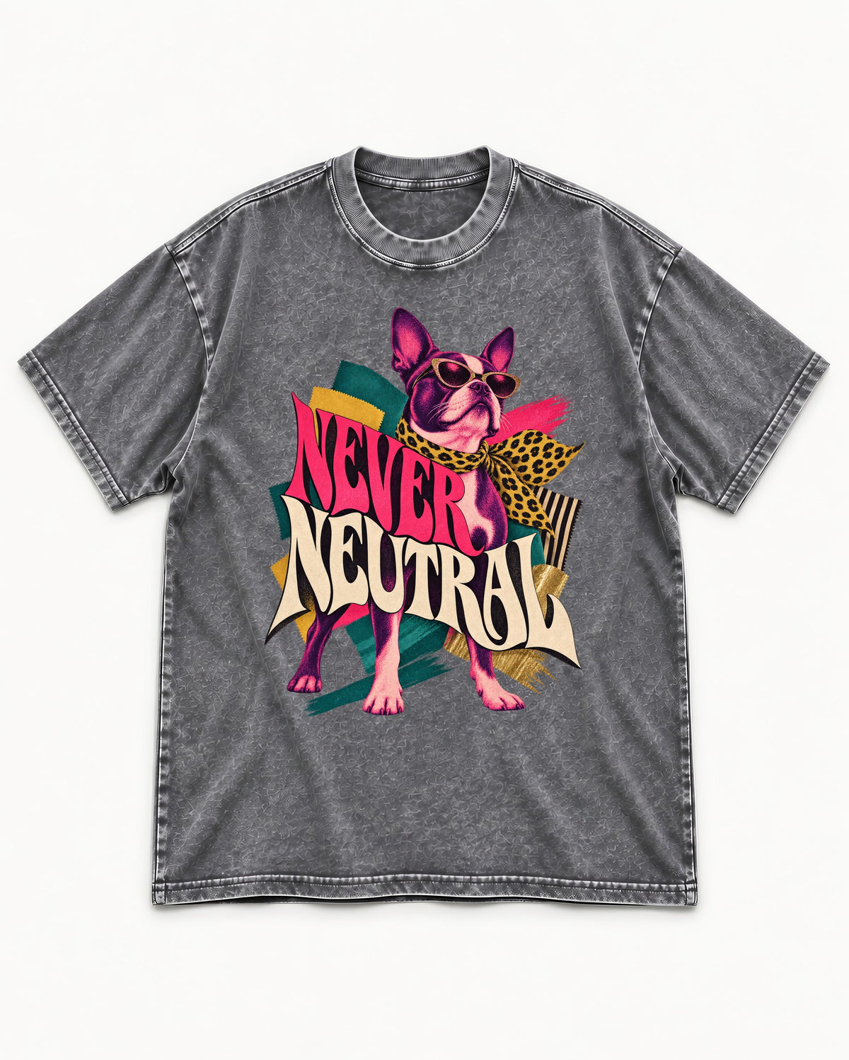 Boston Terrier Never Neutral Fashion Collage Graphic Washed Tee in Gray, flat lay product photo