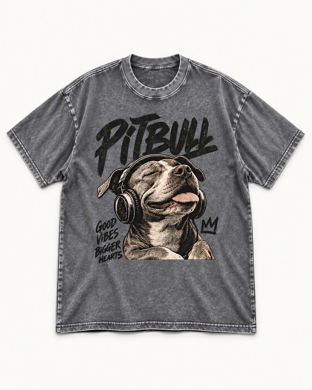 Pitbull Good Vibes Bigger Hearts Washed Tee in Gray, flat lay product photo