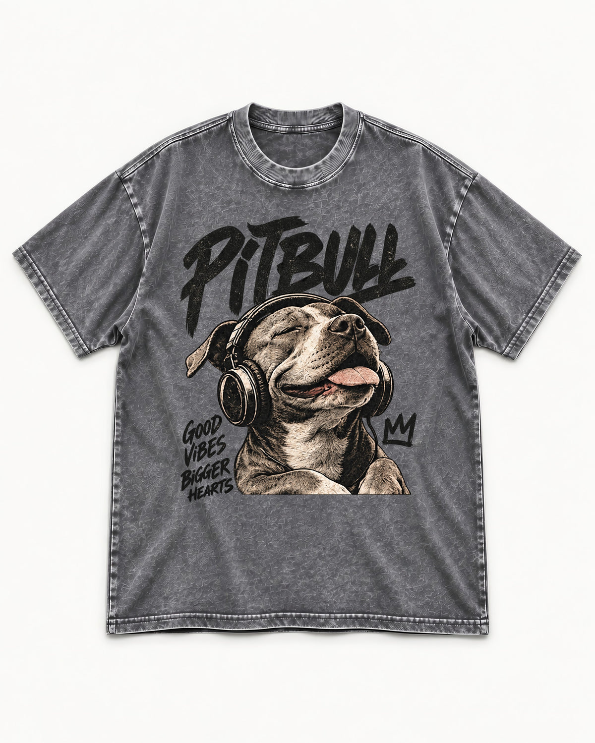Pitbull Good Vibes Bigger Hearts Washed Tee in Gray, flat lay product photo