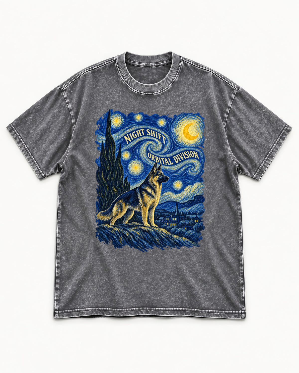 German Shepherd Dog Night Shift Orbital Division Starry Night Washed Tee in Gray, flat lay product photo