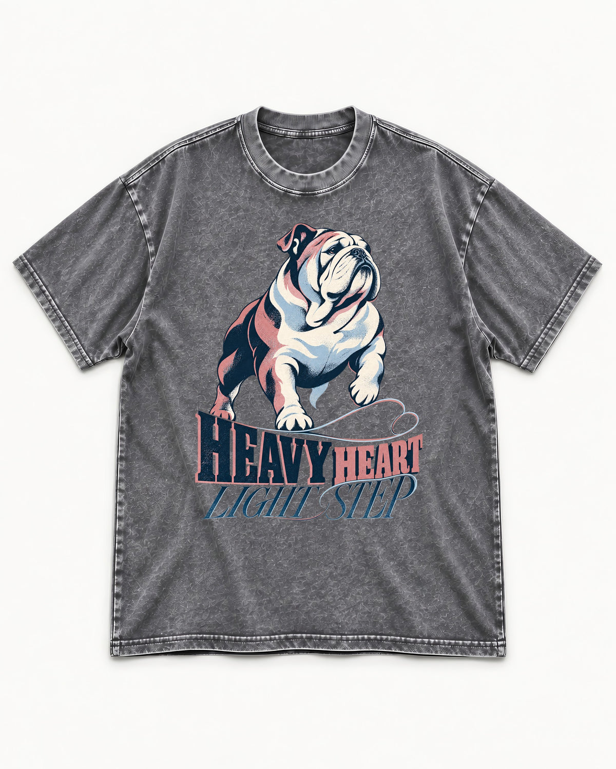 Heavy Heart Light Step English Bulldog Washed Tee in Gray, flat lay product photo