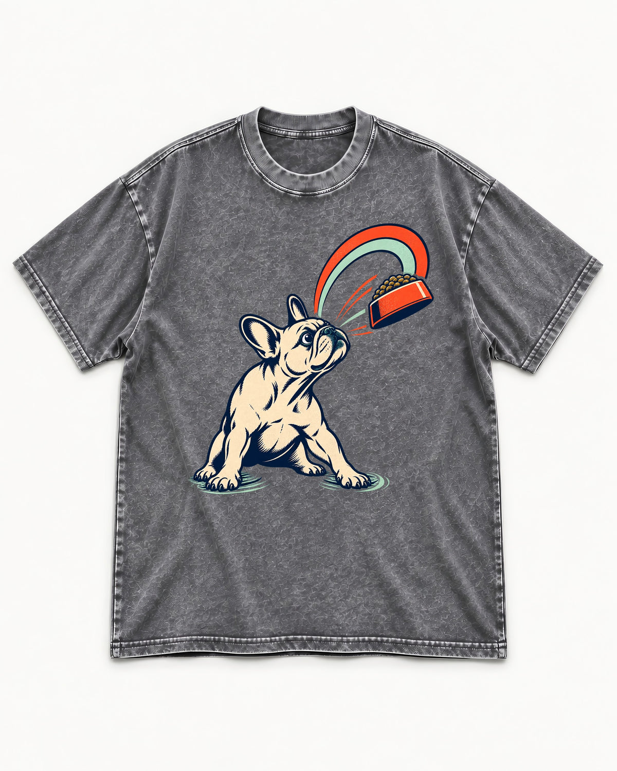 Frenchie Dinner Magnet Graphic Washed Tee in Gray, flat lay product photo