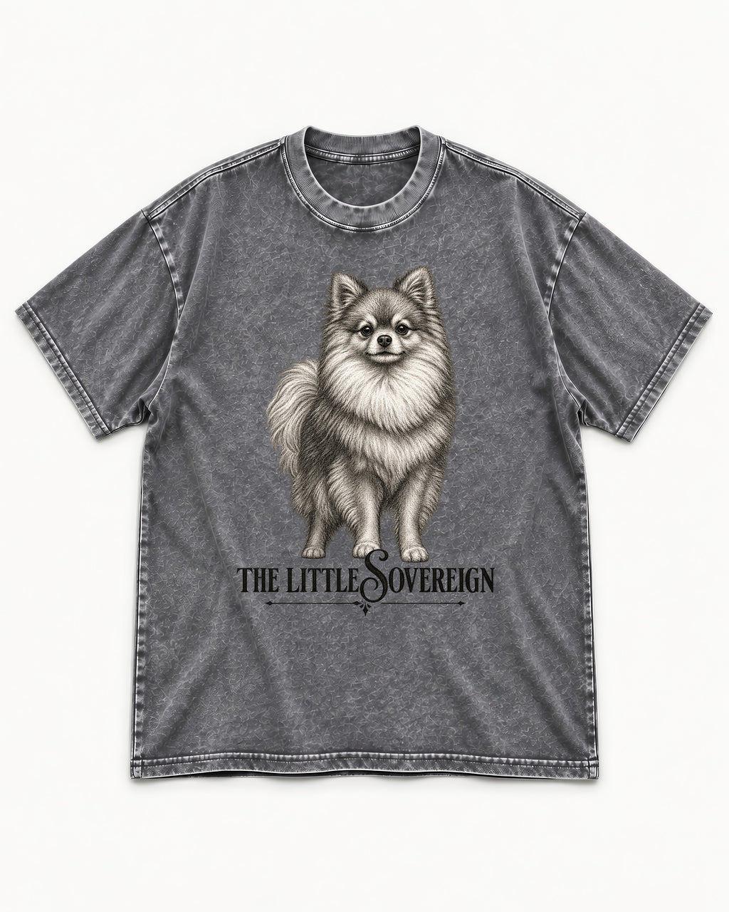The Little Sovereign Pomeranian Washed Tee in Gray, flat lay product photo